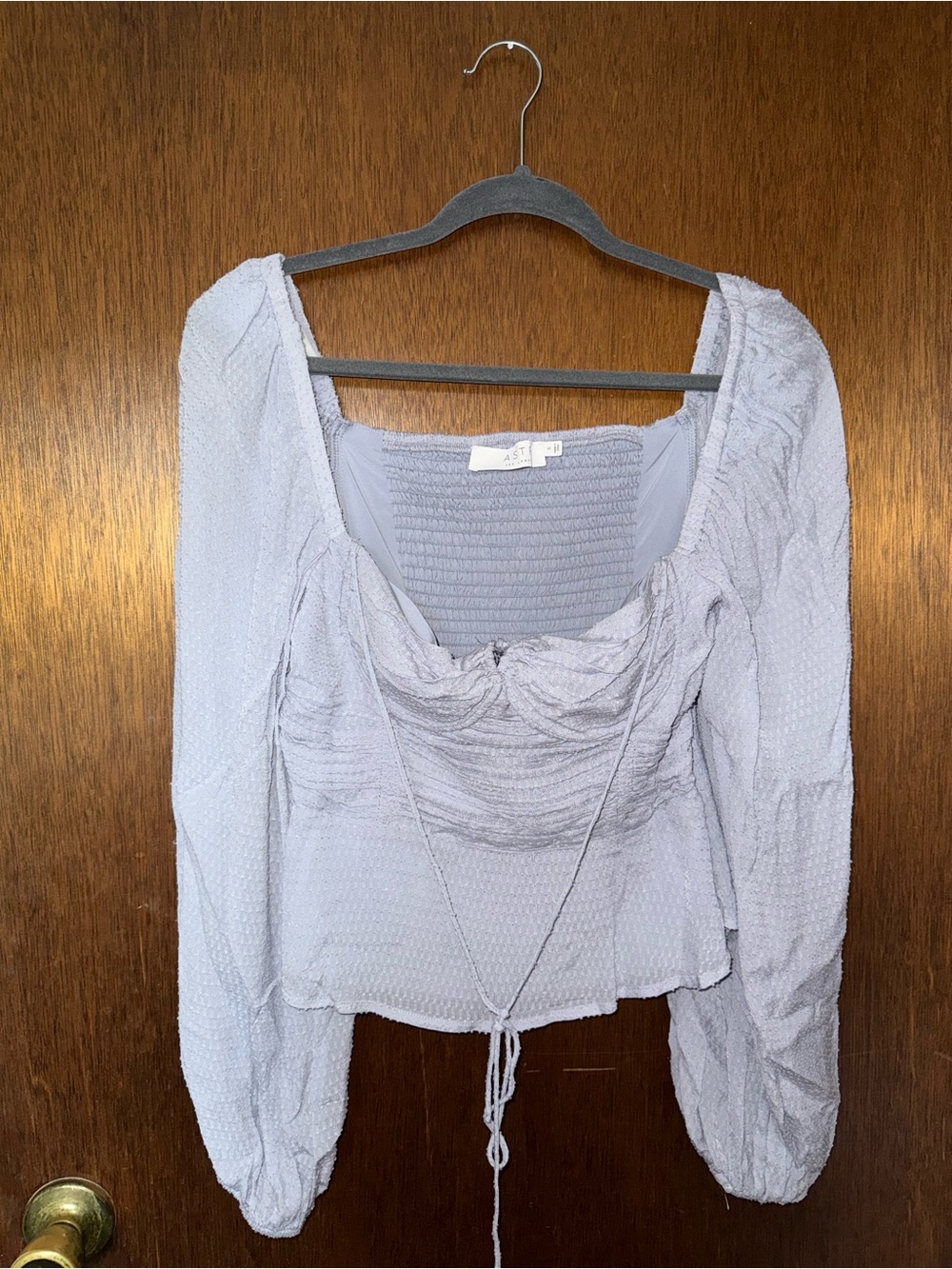 ASTR the Label Size S Periwinkle Long Sleeve Ruched Peasant Top with tie